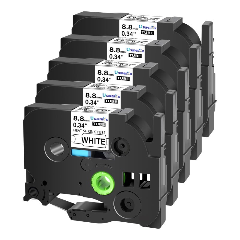 SuperInk USUPERINK 5 PK Compatible for Brother Ptouch HSe-221 HSe221 HS-221 HS221 8.8mm Black on White Heat Shrink Tube Label Tape use in PT-D210 PT-D400 PT-E300 PT-E500 PT-P750WVP Label Maker (0.34''x 4.92ft) - Image 1